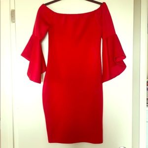 Red pencil  skirt dress with bell sleeves